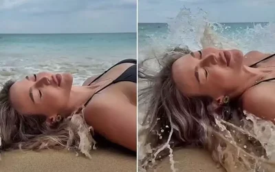 Sahil çekimindeki model dalga sürpriziyle felakete dönüştü