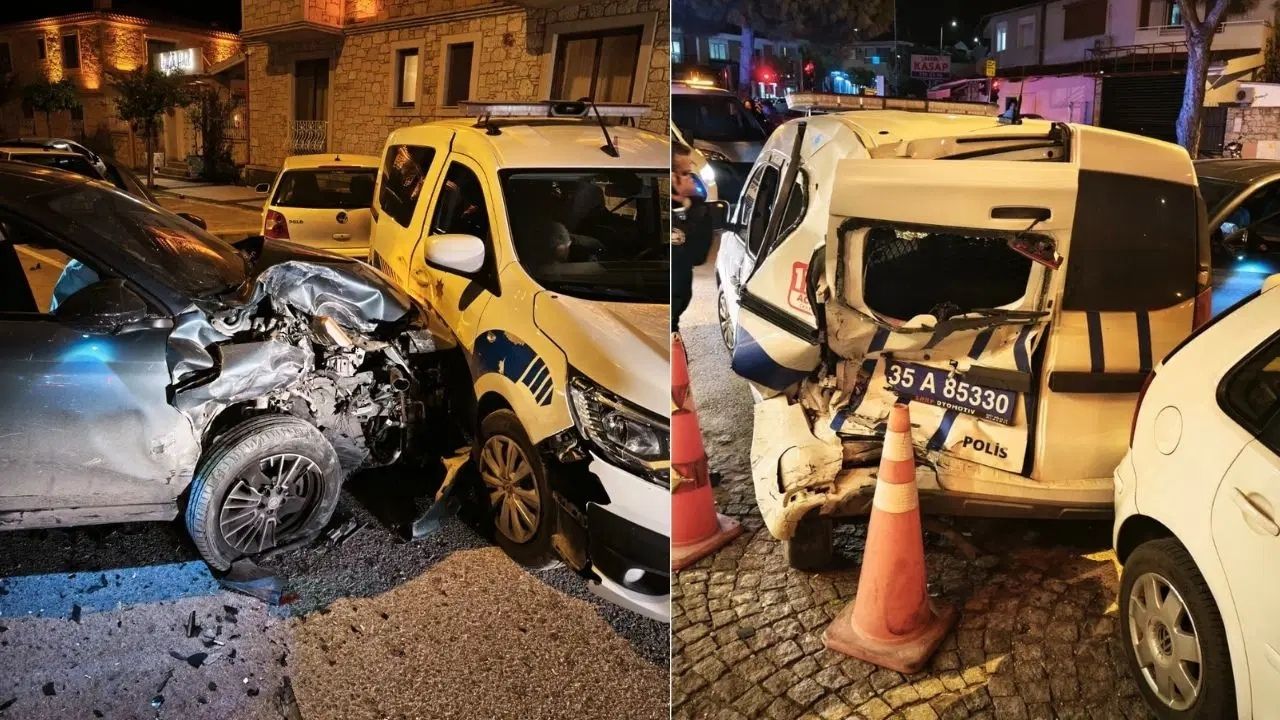 İzmir Çeşme’de otomobil, park halindeki polis aracına çarptı